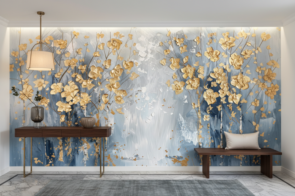 Papier Peint Artistique Fleurs Dorées sur Fond Bleu Abstrait - Entrée