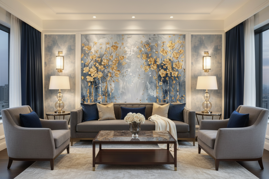 Papier Peint Artistique Fleurs Dorées sur Fond Bleu Abstrait - Hôtel