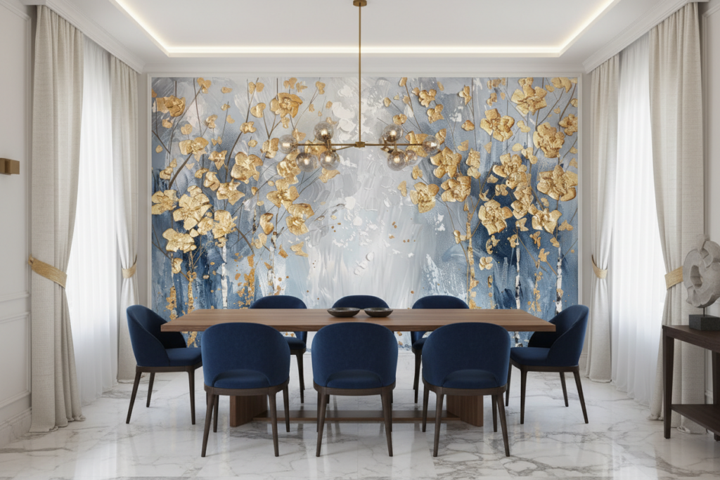 Papier Peint Artistique Fleurs Dorées sur Fond Bleu Abstrait - Salle à manger