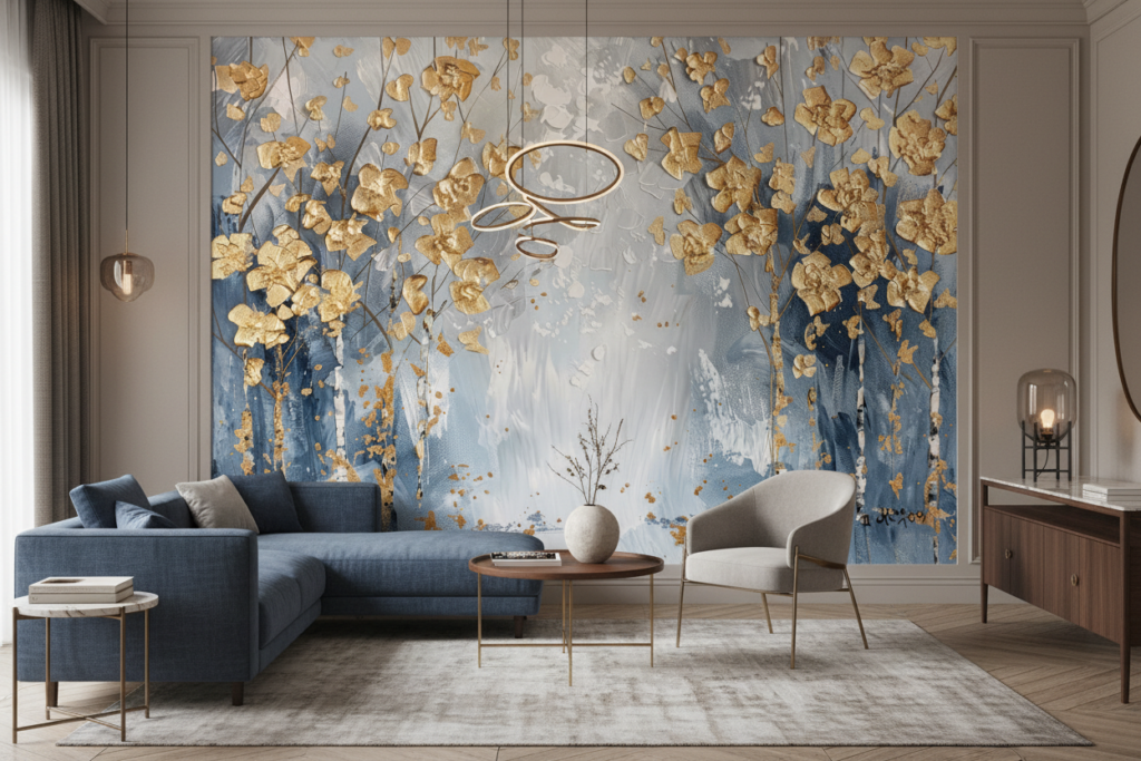 Papier Peint Artistique Fleurs Dorées sur Fond Bleu Abstrait - Salon / Séjour