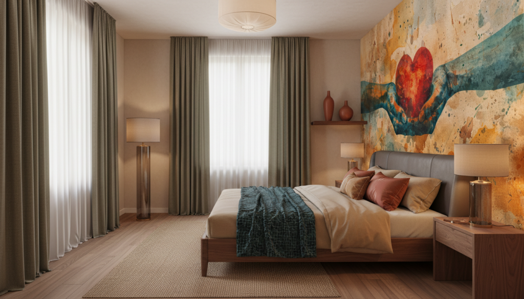 Papier Peint Artistique Mains Protégeant Cœur Rouge Aquarelle - Chambre adulte