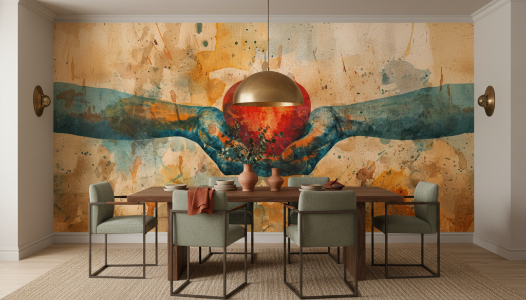 Papier Peint Artistique Mains Protégeant Cœur Rouge Aquarelle - Salle à manger