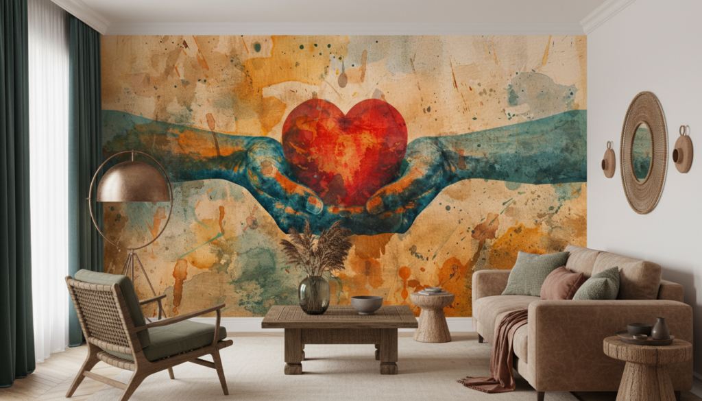 Papier Peint Artistique Mains Protégeant Cœur Rouge Aquarelle - Salon / Séjour