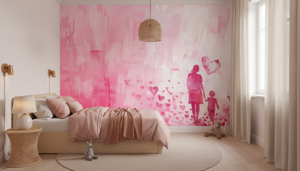 Papier peint artistique mère enfant cœurs roses tendresse familiale - Chambre enfant