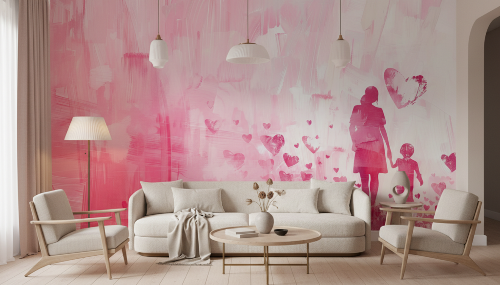 Papier peint artistique mère enfant cœurs roses tendresse familiale - Salon / Séjour