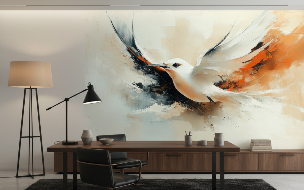 Papier Peint Artistique Oiseau en Vol Abstrait Orange - Bureau