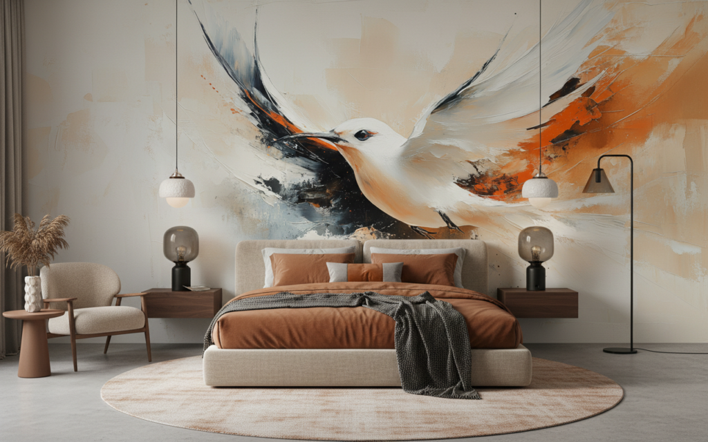 Papier Peint Artistique Oiseau en Vol Abstrait Orange - Chambre adulte