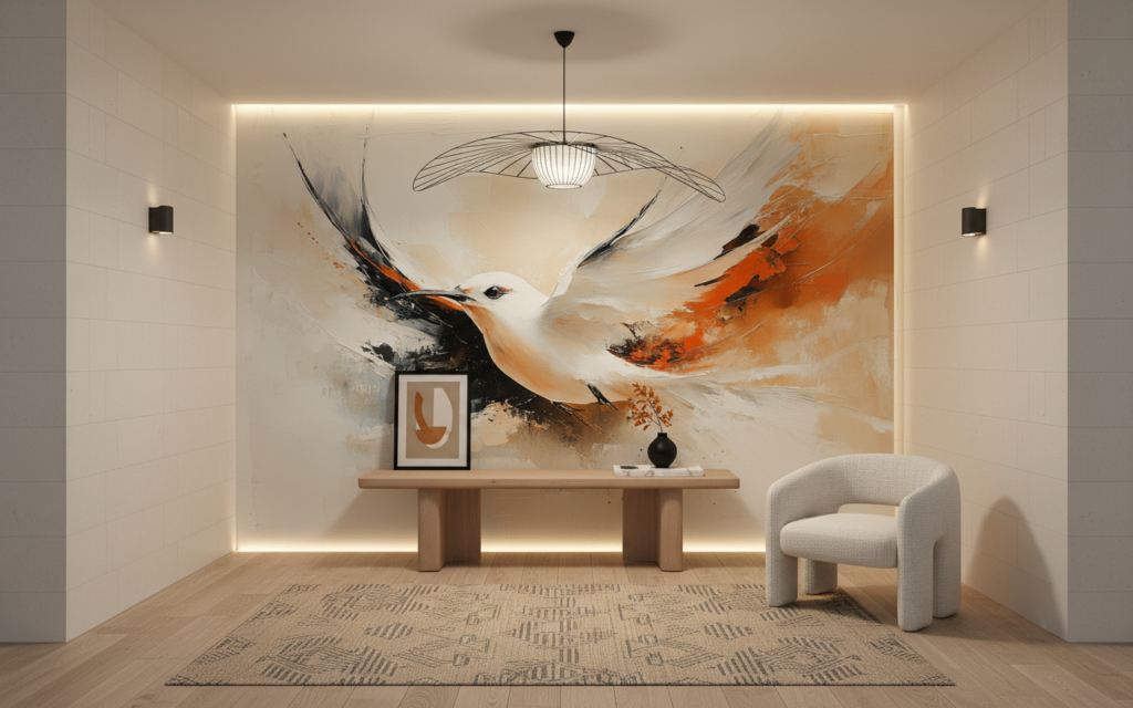 Papier Peint Artistique Oiseau en Vol Abstrait Orange - Entrée