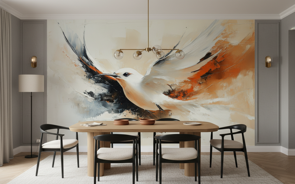 Papier Peint Artistique Oiseau en Vol Abstrait Orange - Salle à manger