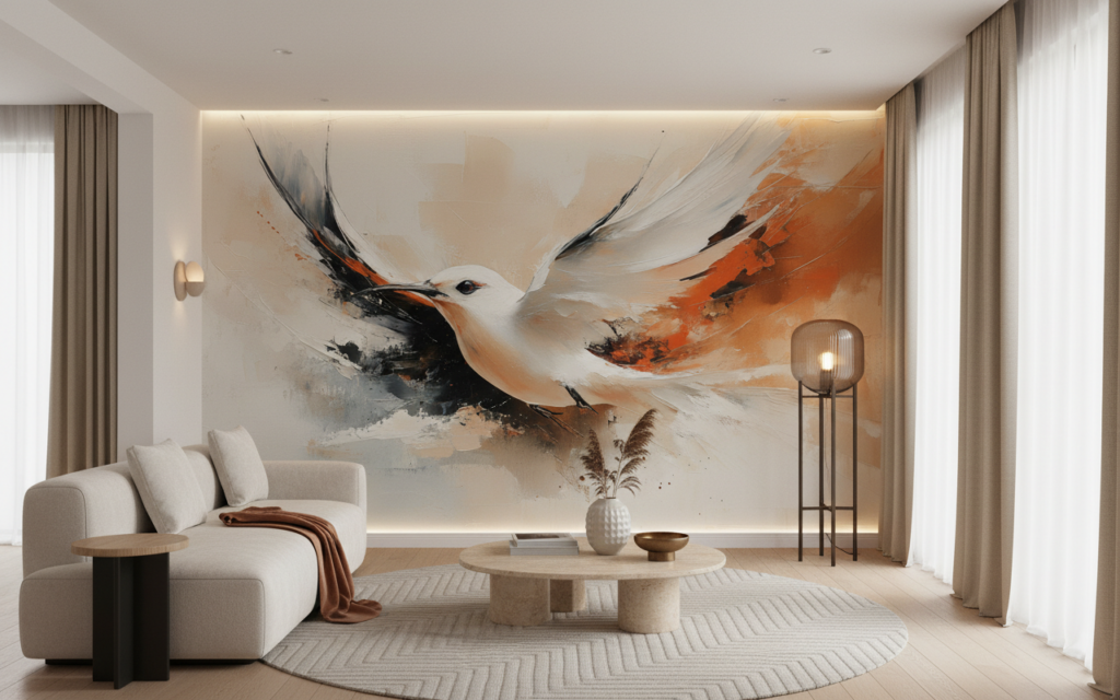 Papier Peint Artistique Oiseau en Vol Abstrait Orange - Salon / Séjour