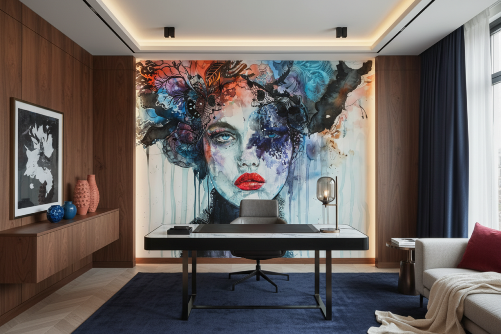 Papier Peint Artistique Portrait Féminin Aquarelle Contemporain Multicolore - Bureau