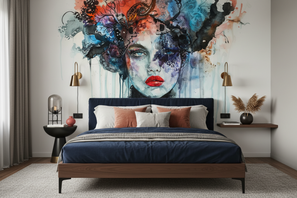 Papier Peint Artistique Portrait Féminin Aquarelle Contemporain Multicolore - Chambre adulte