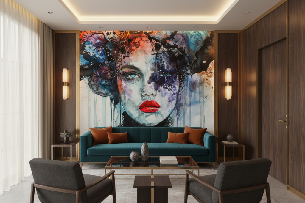 Papier Peint Artistique Portrait Féminin Aquarelle Contemporain Multicolore - Hôtel