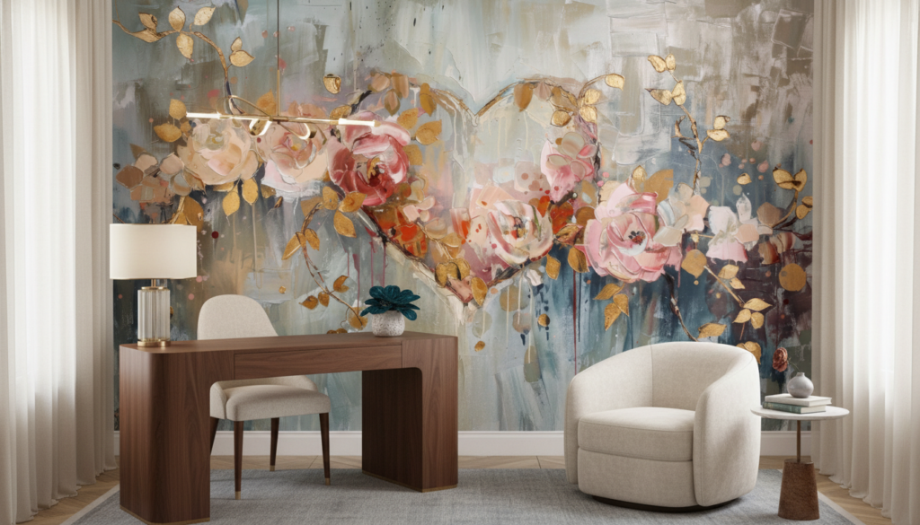 Papier peint artistique roses aquarelles dorées sur fond abstrait bleu gris - Bureau
