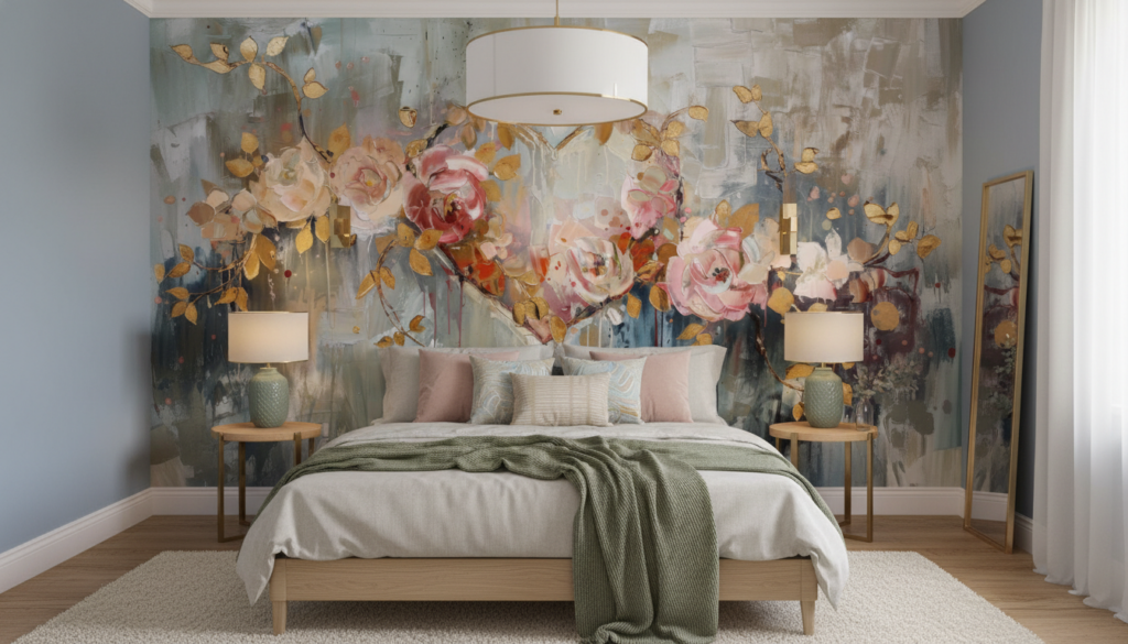 Papier peint artistique roses aquarelles dorées sur fond abstrait bleu gris - Chambre adulte