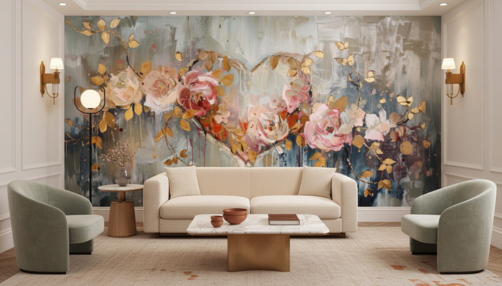 Papier peint artistique roses aquarelles dorées sur fond abstrait bleu gris - Hôtel