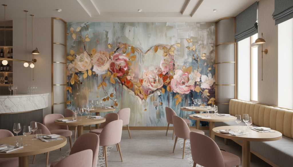 Papier peint artistique roses aquarelles dorées sur fond abstrait bleu gris - Restaurant