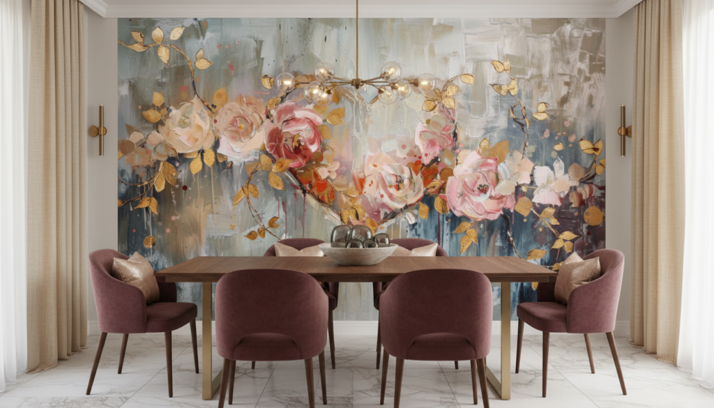 Papier peint artistique roses aquarelles dorées sur fond abstrait bleu gris - Salle à manger