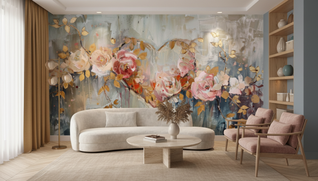 Papier peint artistique roses aquarelles dorées sur fond abstrait bleu gris - Salon / Séjour