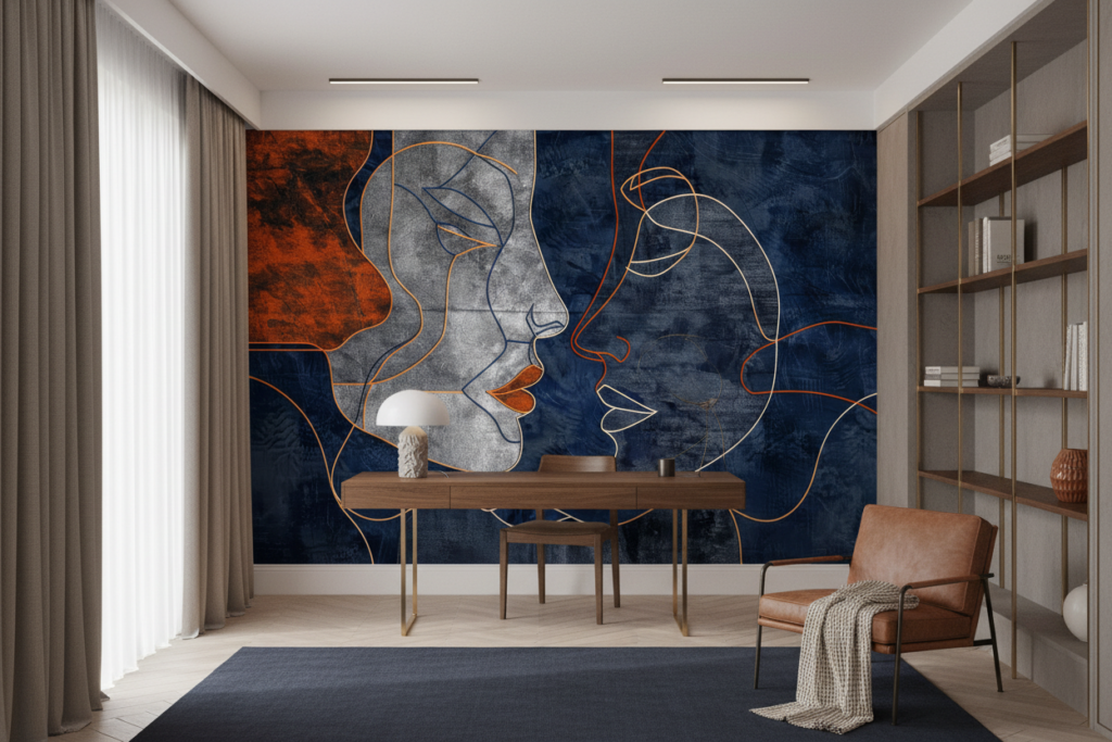 Papier Peint Artistique Visages Abstraits Bleu Orange Moderne - Bureau