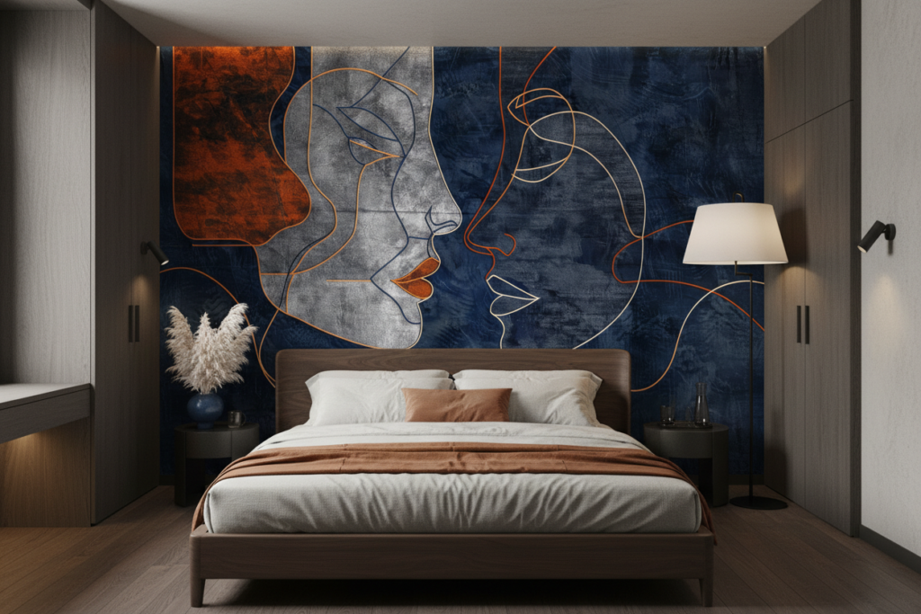 Papier Peint Artistique Visages Abstraits Bleu Orange Moderne - Chambre adulte