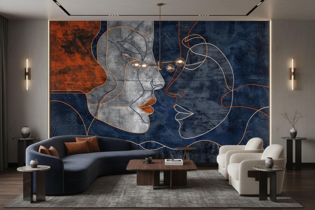 Papier Peint Artistique Visages Abstraits Bleu Orange Moderne - Hôtel