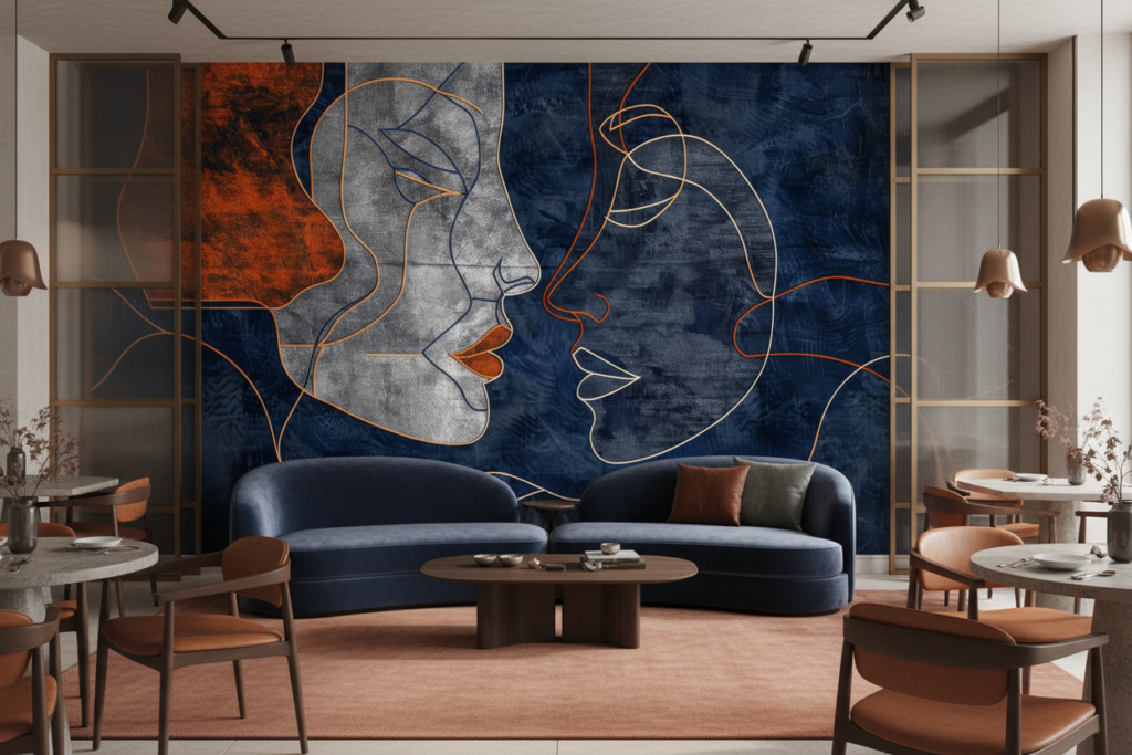 Papier Peint Artistique Visages Abstraits Bleu Orange Moderne - Restaurant