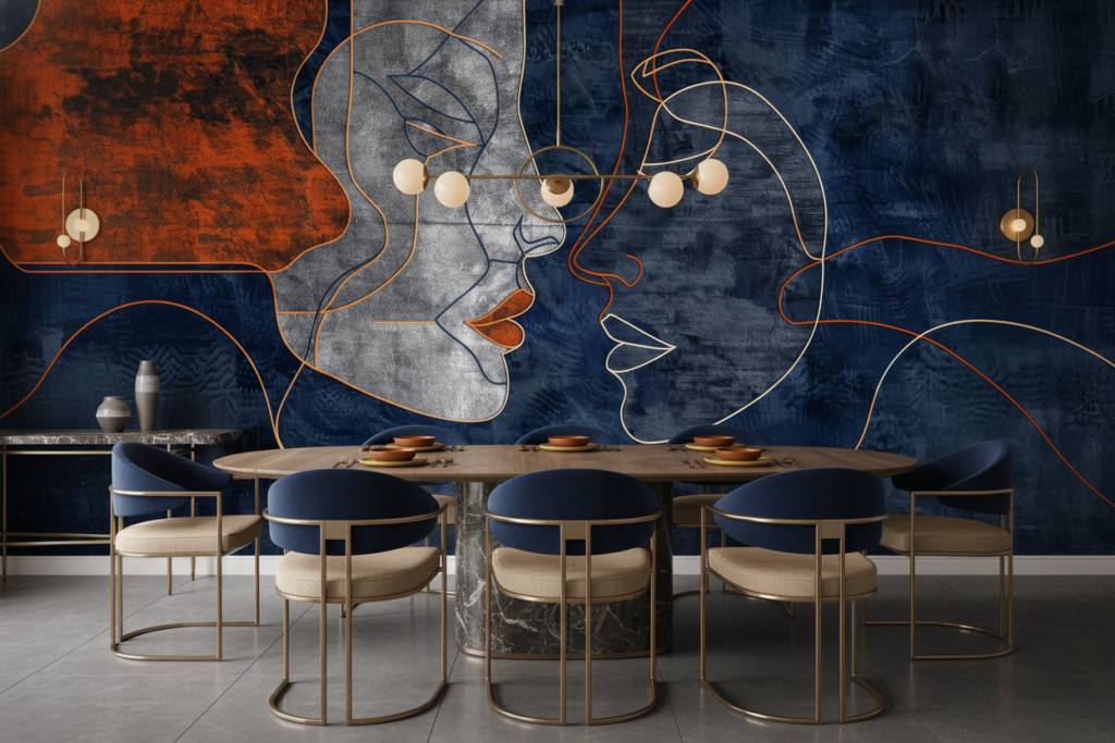 Papier Peint Artistique Visages Abstraits Bleu Orange Moderne - Salle à manger