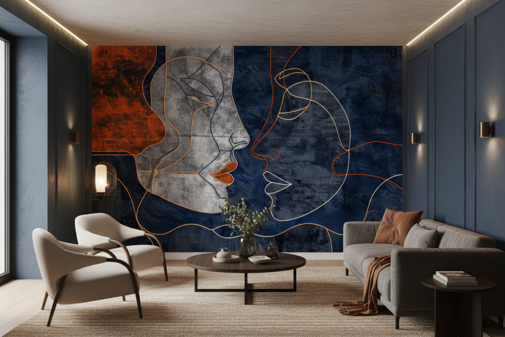 Papier Peint Artistique Visages Abstraits Bleu Orange Moderne - Salon / Séjour