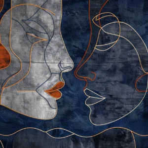 Papier Peint Artistique Visages Abstraits Bleu Orange Moderne