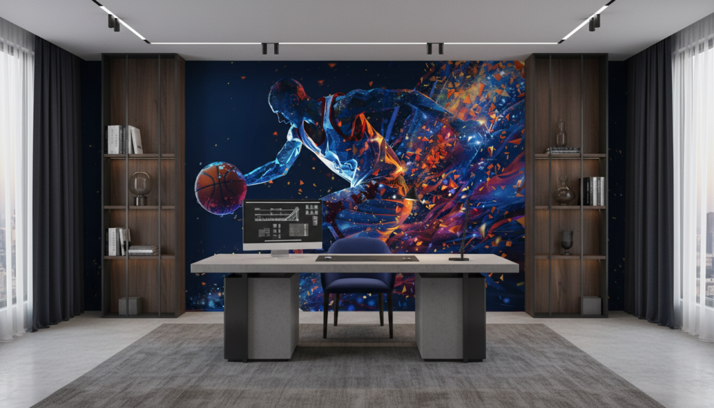 Papier Peint Basketball Joueur Explosif Fragments Bleu Orange - Bureau