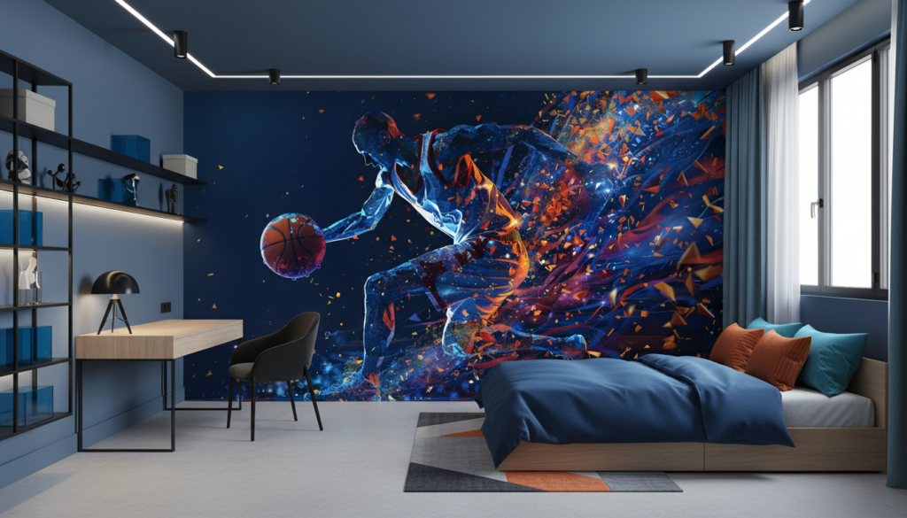 Papier Peint Basketball Joueur Explosif Fragments Bleu Orange - Chambre ado