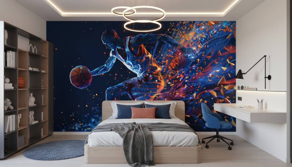 Papier Peint Basketball Joueur Explosif Fragments Bleu Orange - Chambre enfant