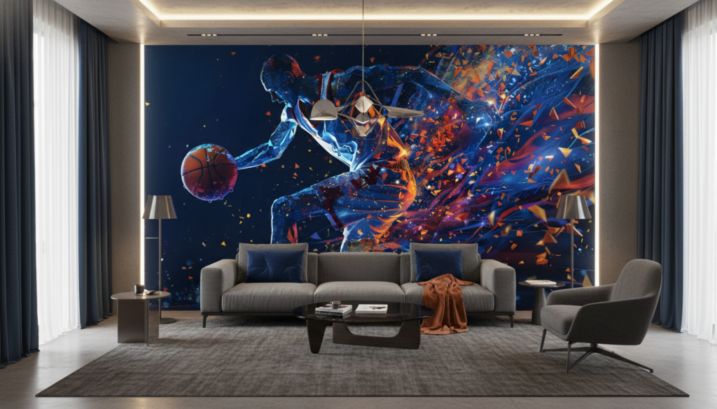 Papier Peint Basketball Joueur Explosif Fragments Bleu Orange - Salon / Séjour