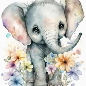 Papier peint bébé éléphant aquarelle avec fleurs délicates pastel