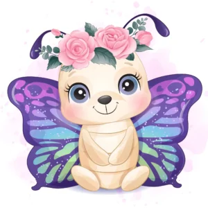 Papier Peint Bébé Papillon Fantaisie avec Couronne de Fleurs Roses