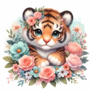 Papier Peint Bébé Tigre aux Yeux Verts dans Couronne Florale Pastel