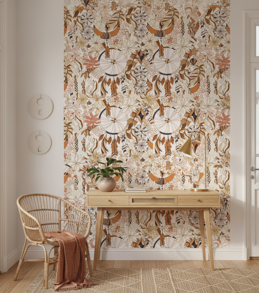 Papier peint bohème aux attrape-rêves et fleurs terracotta vintage - Bureau