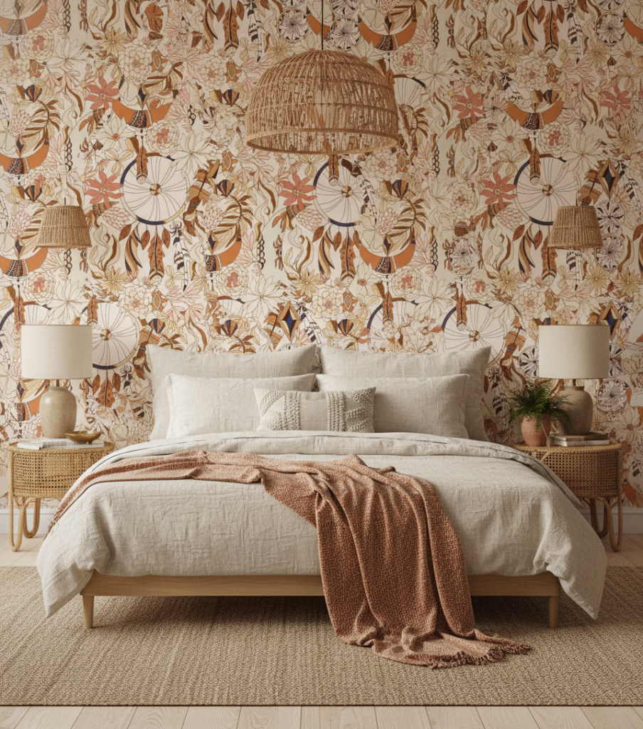 Papier peint bohème aux attrape-rêves et fleurs terracotta vintage - Chambre adulte