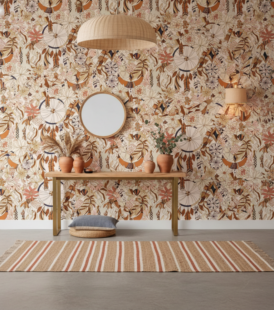 Papier peint bohème aux attrape-rêves et fleurs terracotta vintage - Entrée