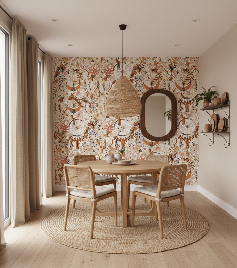 Papier peint bohème aux attrape-rêves et fleurs terracotta vintage - Salle à manger