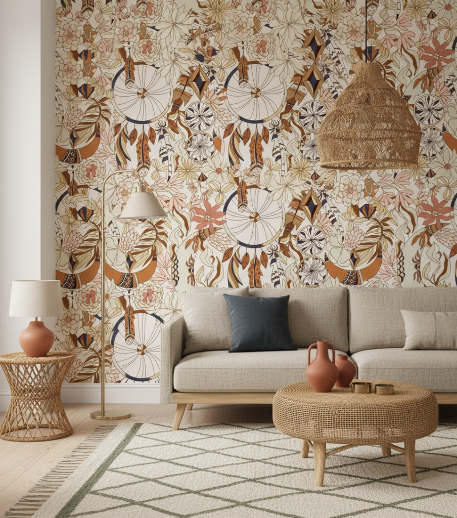 Papier peint bohème aux attrape-rêves et fleurs terracotta vintage - Salon / Séjour