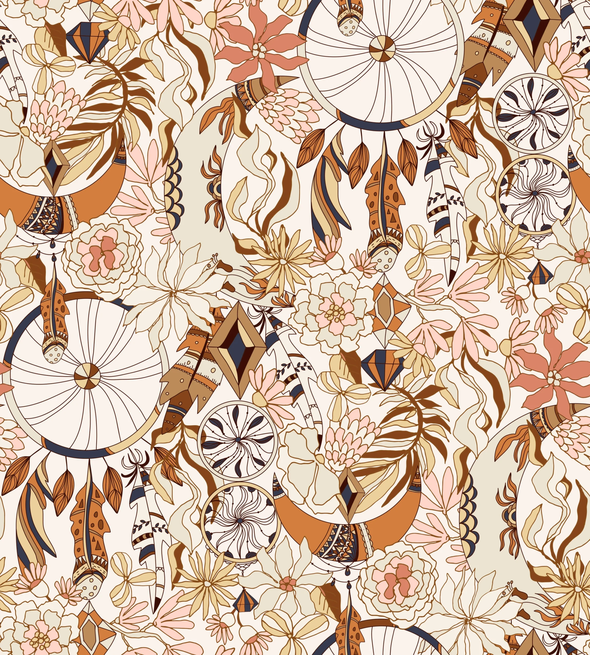 Papier peint bohème aux attrape-rêves et fleurs terracotta vintage