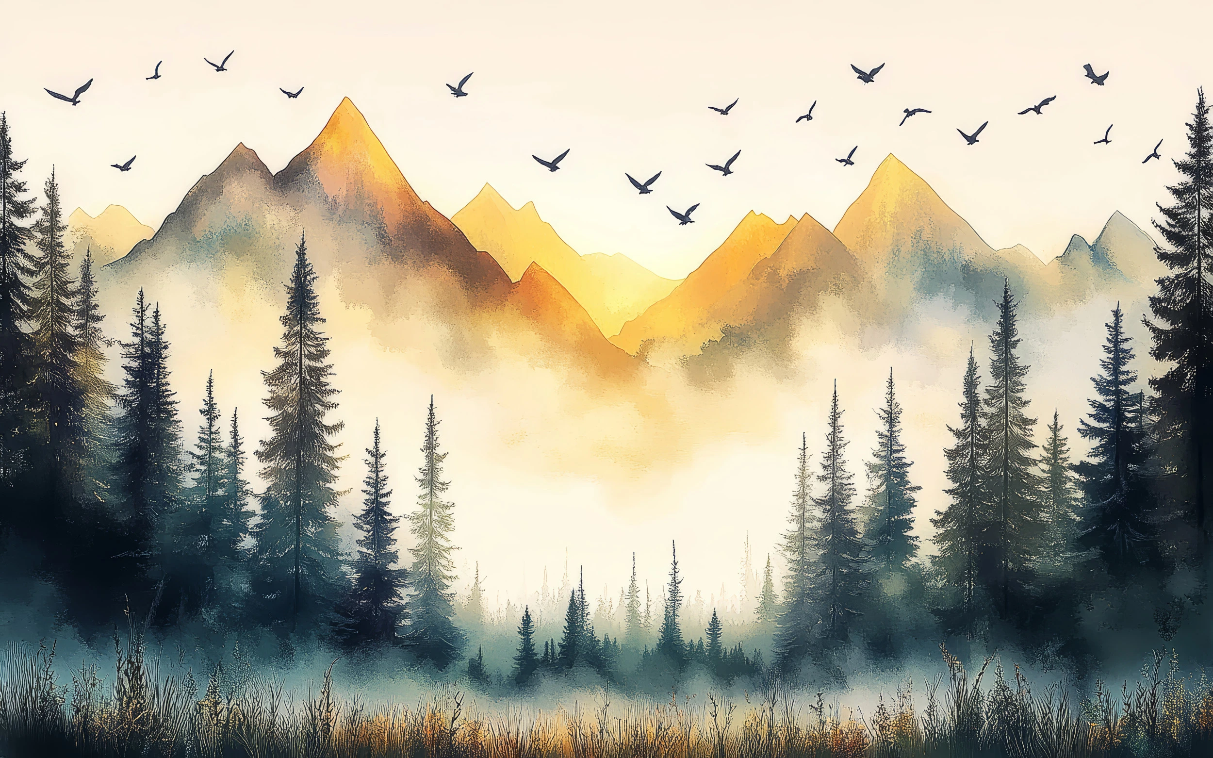 Papier Peint Paysage Montagneux Forêt de Conifères au Coucher de Soleil