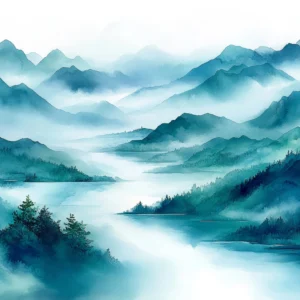 Papier Peint Montagnes Brumeuses Style Aquarelle Tons Bleus Apaisants