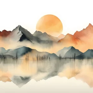 Papier Peint Montagnes Aquarelle avec Reflets et Soleil Couchant