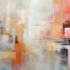 Papier peint abstrait aux nuances pastel et touches orangées vibrantes