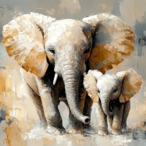 Papier Peint Artistique Éléphants Mère et Bébé Style Aquarelle