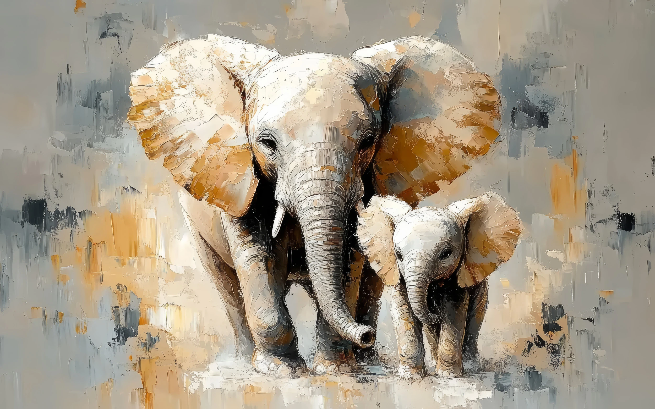 Papier Peint Artistique Éléphants Mère et Bébé Style Aquarelle