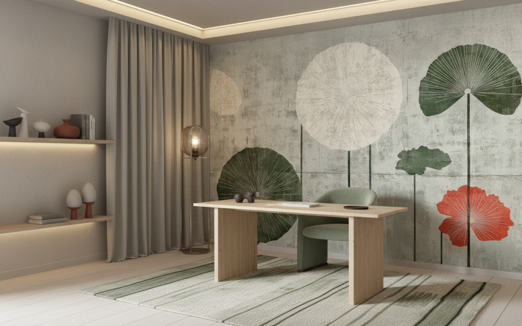 Papier peint botanique vintage avec lotus stylisés sur fond beige - Bureau